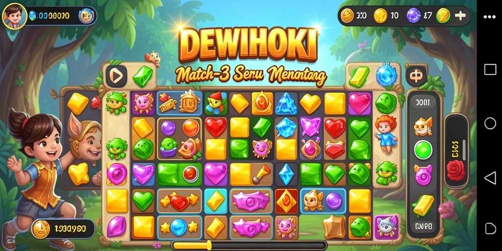 Tampilan gameplay DEWIHOKI dengan aksi mencocokkan permata yang menarik.