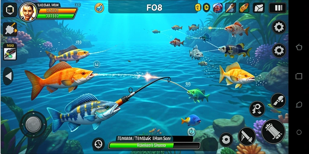 Screenshot FO8 menampilkan pemain menangkap ikan dengan aksi yang seru.