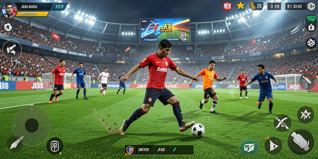 Screenshot utama JKT8 menampilkan gameplay sepak bola yang mendebarkan.