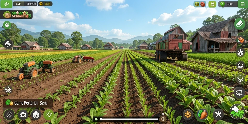 Tampilan gameplay SEMAR123 yang menampilkan kebun yang subur dan hewan ternak.